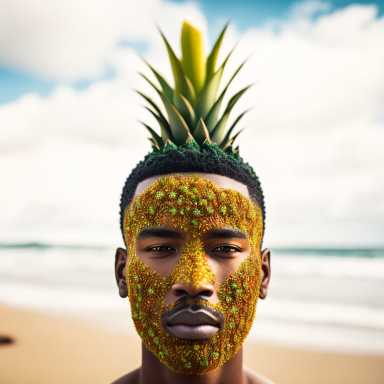 Person with Pineapple Head and Glitter Makeup at Beach