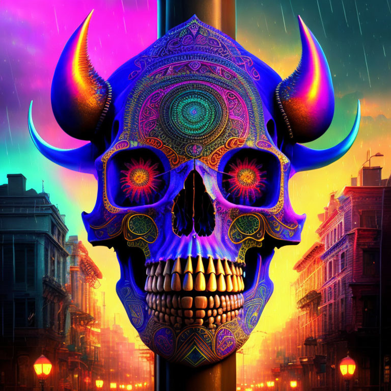 Colorful Bull Skull with Glowing Eyes in Neon Cityscape