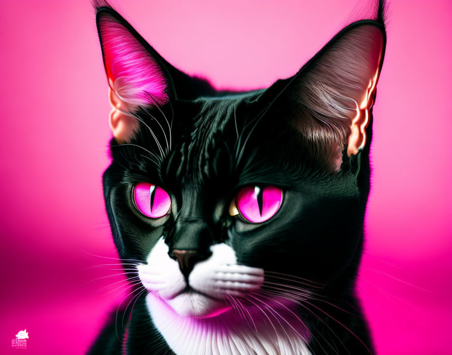 Black and White Cat with Pink Eyes on Pink Background