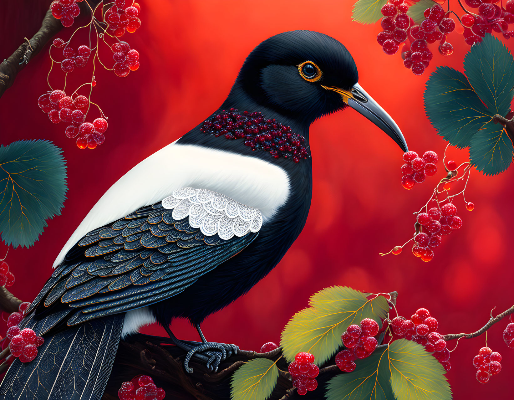 Colorful digital artwork of black bird with white patch on branch with berries & leaves