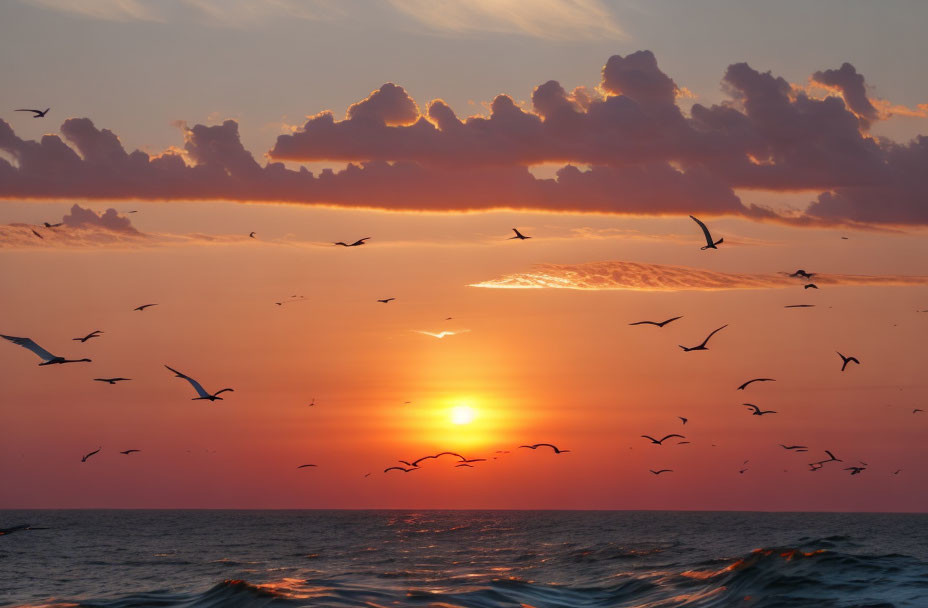 Scenic ocean sunset with bird silhouettes and cloudy sky