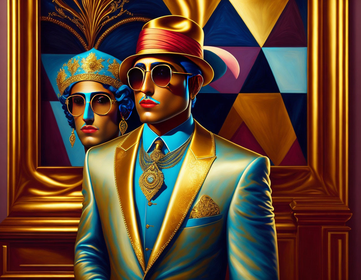 Stylized figures in golden attire and sunglasses on abstract geometric background