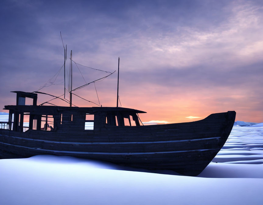 Vintage wooden boat on snow under purple and orange sunset sky