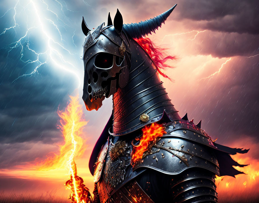 Dark knight in black armor with flaming shoulders and horse head helmet under stormy sky.