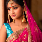 Traditional Indian attire with pink and gold embroidered dupatta and matching jewelry