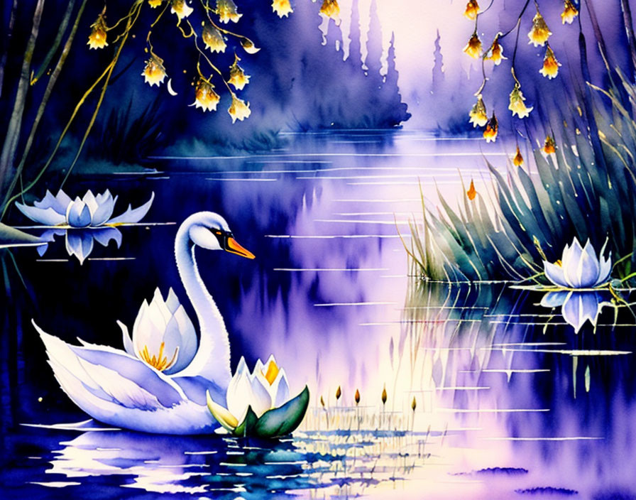 Tranquil swan painting on purple lake with lotus flowers