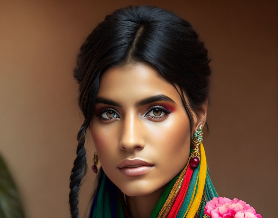 Woman with Striking Makeup and Braided Hair Holding Pink Flower