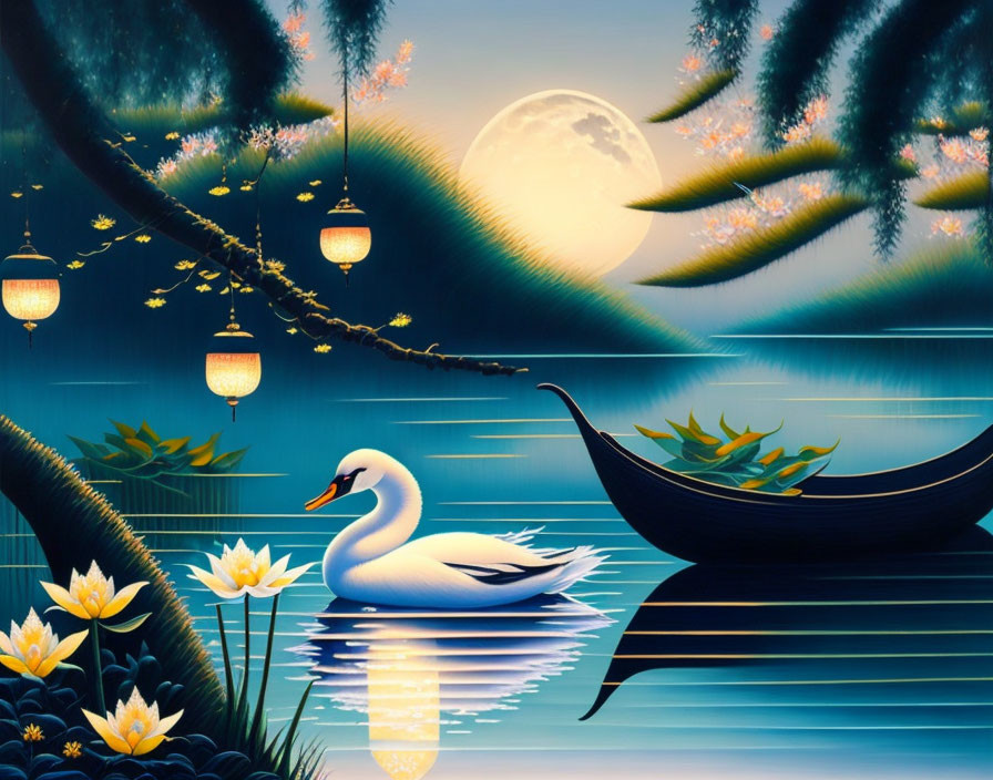 Moonlit lake with swan, boat, lotus flowers, and hanging lamps