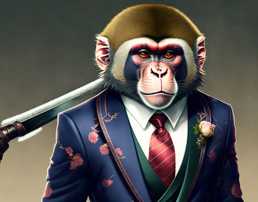 Digital image of baboon in suit with katana, vibrant colors & detailed textures