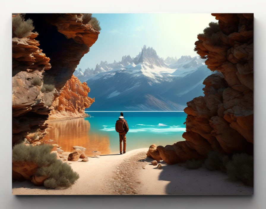 Person at Cave Entrance Overlooking Turquoise Lake & Mountains