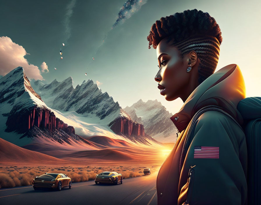 Profile view of woman with stylish haircut in surreal sunset landscape with mountains, winding road, and cars