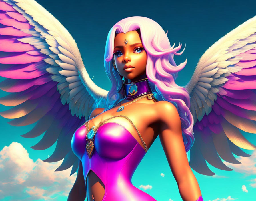 Pink-skinned female character with white wings and vivid pink hair in golden jewelry and vibrant bodysuit