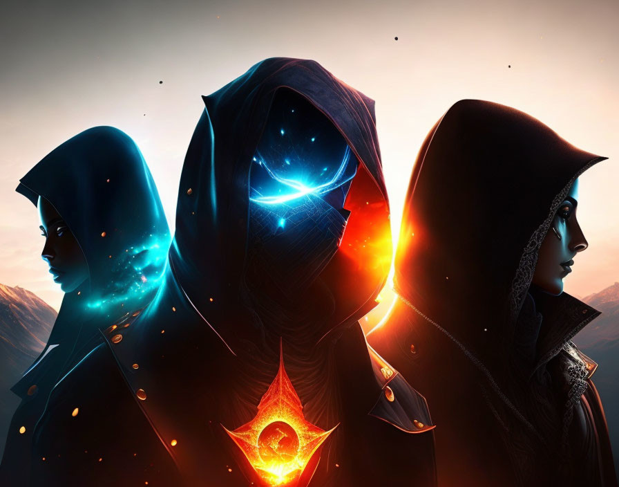 Mystical hooded figures with cosmic and fiery silhouettes at sunset