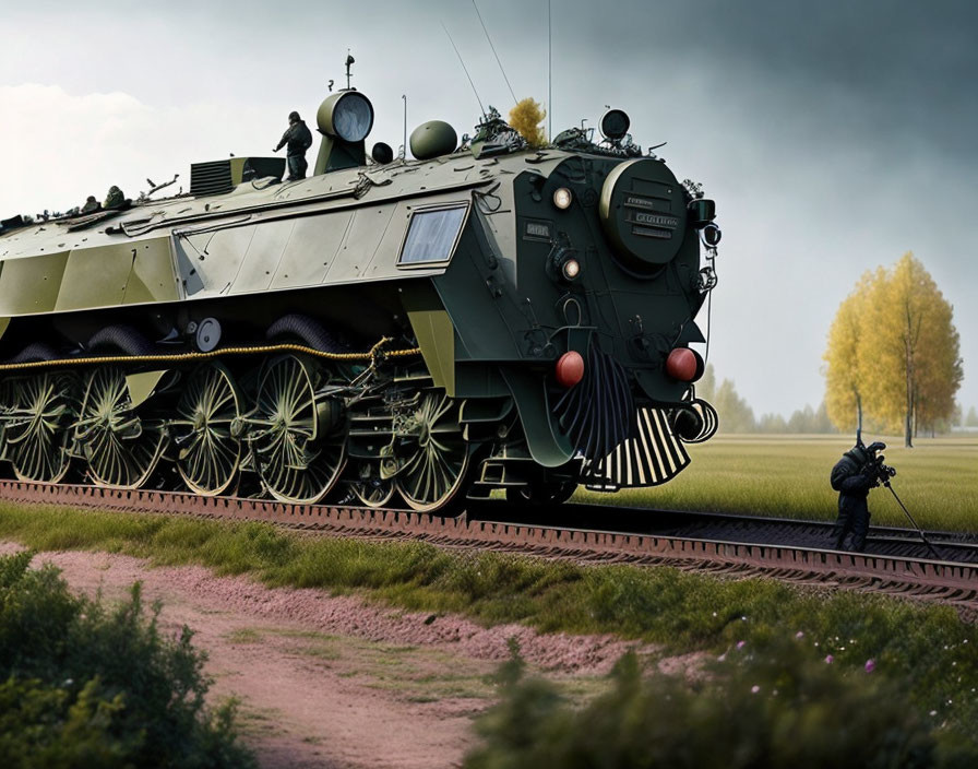 Armored train with large wheels filmed in rural landscape