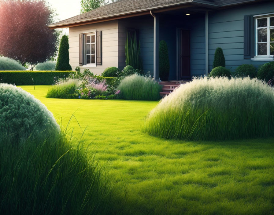 Manicured lawn and ornamental shrubs in front of cozy house