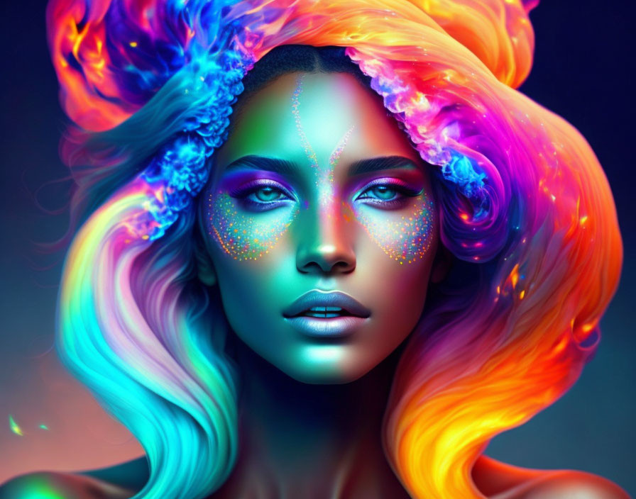 Colorful surreal portrait of a woman with vibrant hair and glittering makeup