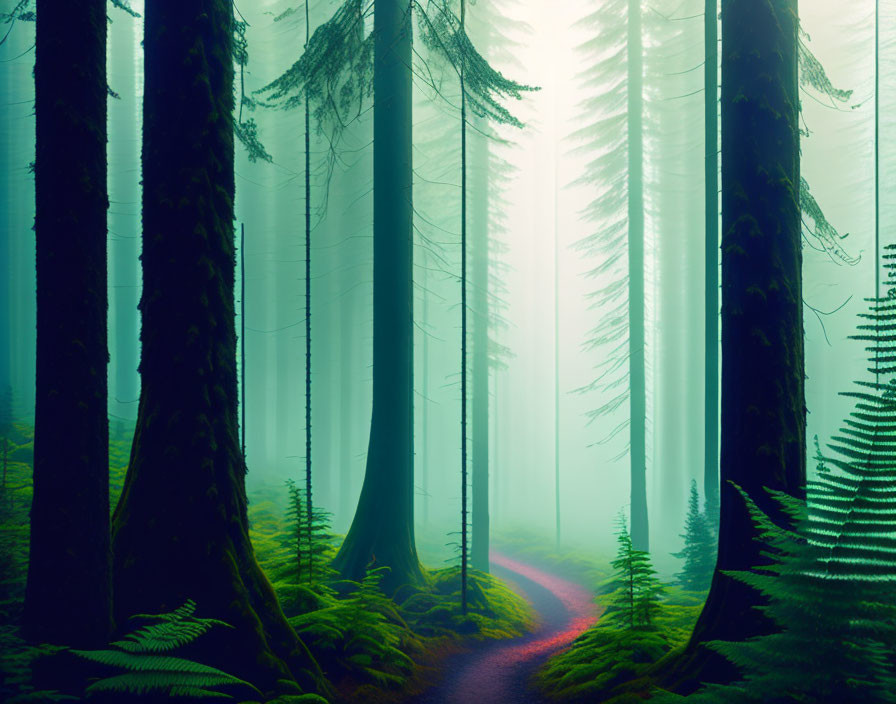 Mystical forest with tall trees, fog, winding path, and lush ferns