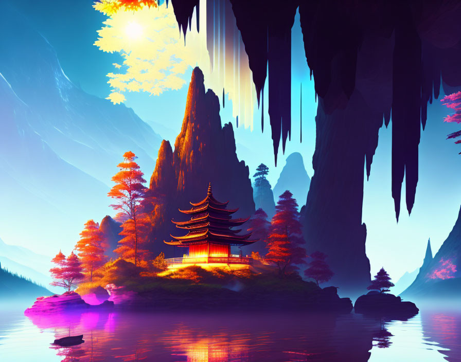 Surreal digital artwork: Floating mountains, pavilion, autumn trees, dramatic sky