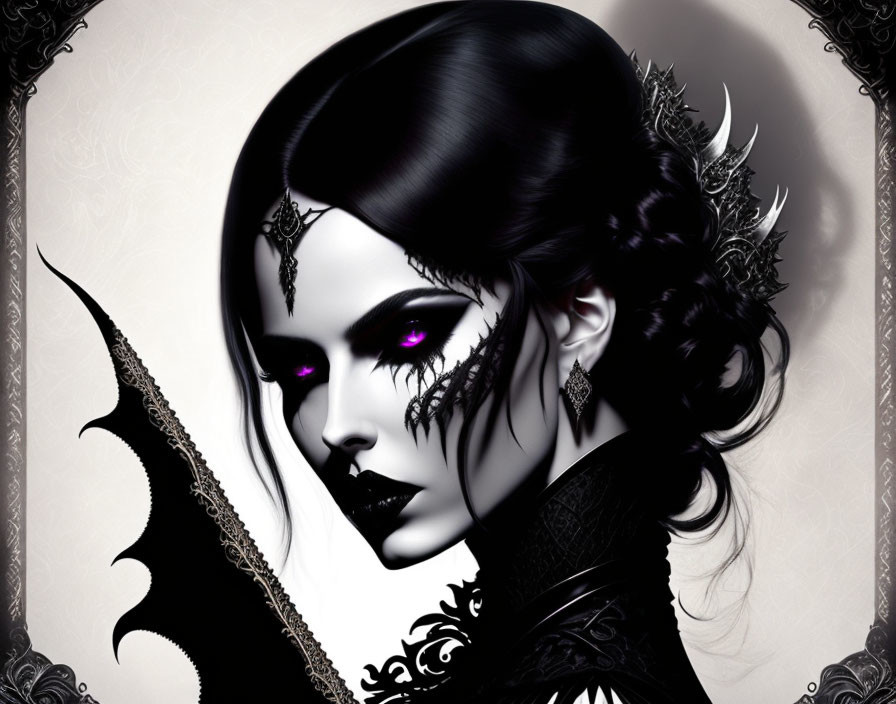 Gothic woman with black attire and purple glowing eyes in ornate border