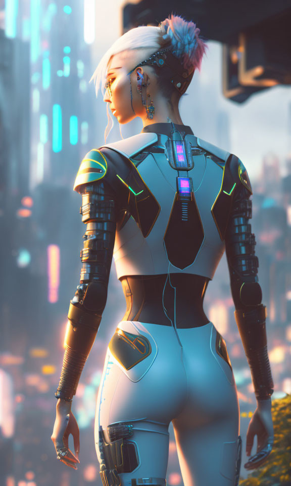 Futuristic female cyborg with illuminated suit and cybernetic enhancements against neon-lit cityscape