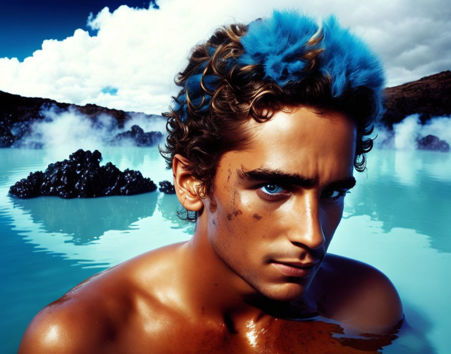 Portrait of a person with light brown skin and curly hair in blue feather headdress emerging from water under