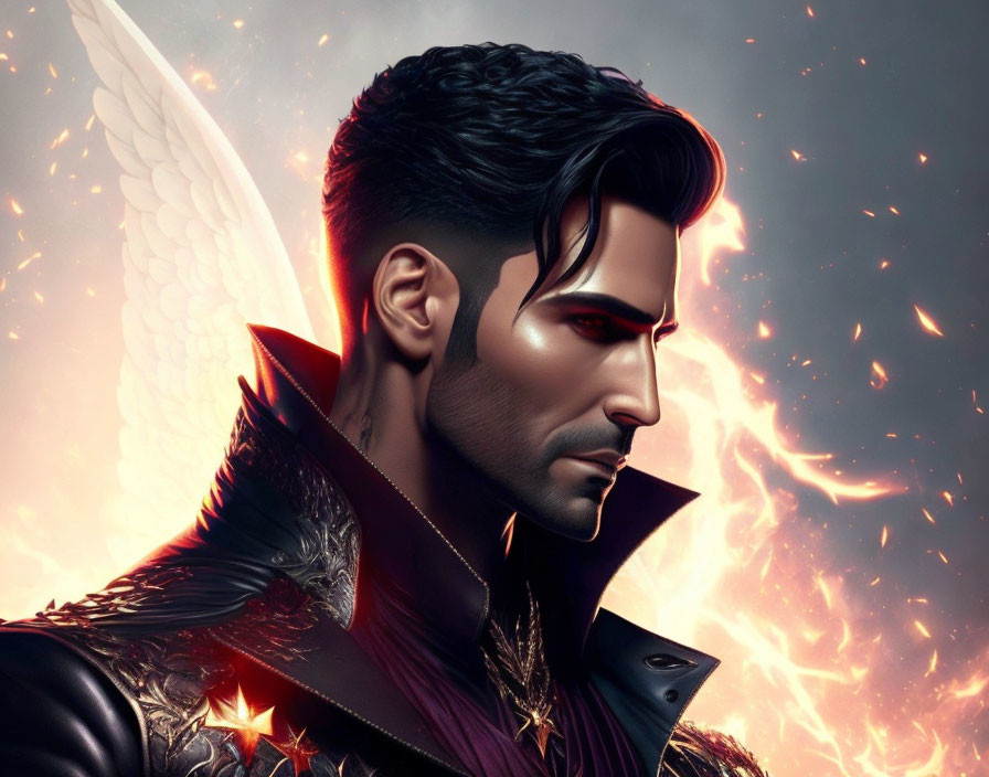 Male Figure with Angelic Wing in Dark Outfit on Fiery Background