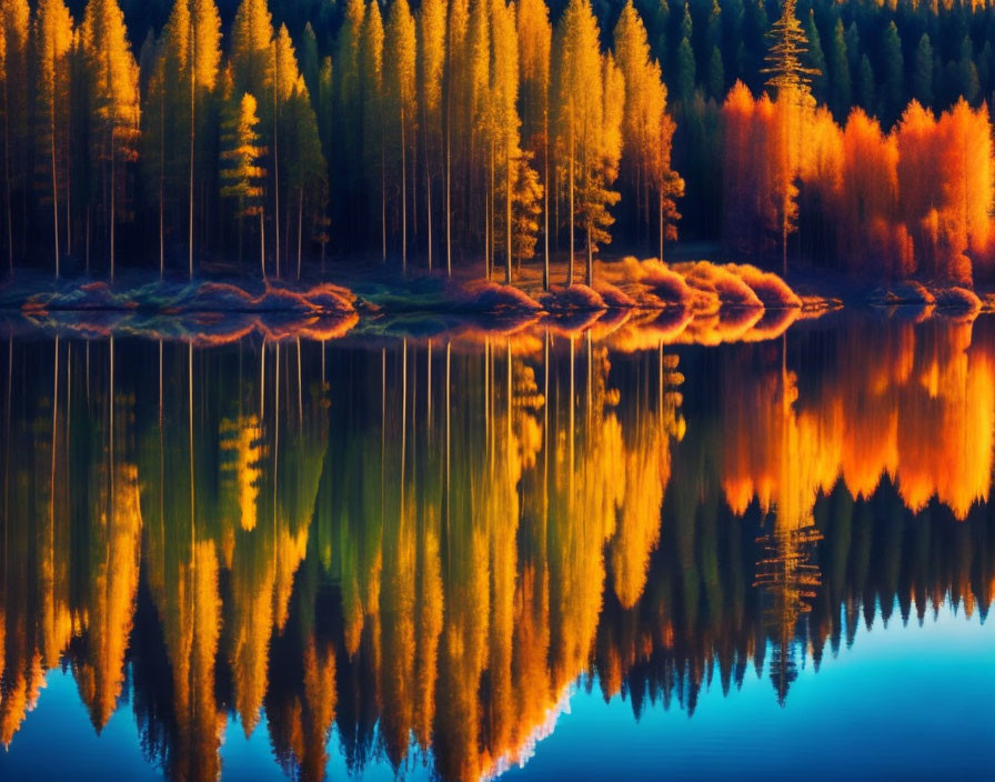 Symmetrical view of vibrant autumn trees reflecting in a still lake at dusk