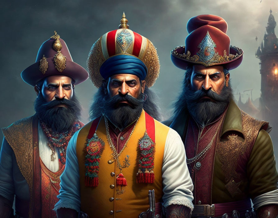 Illustrated Ottoman men in traditional attire against historic backdrop