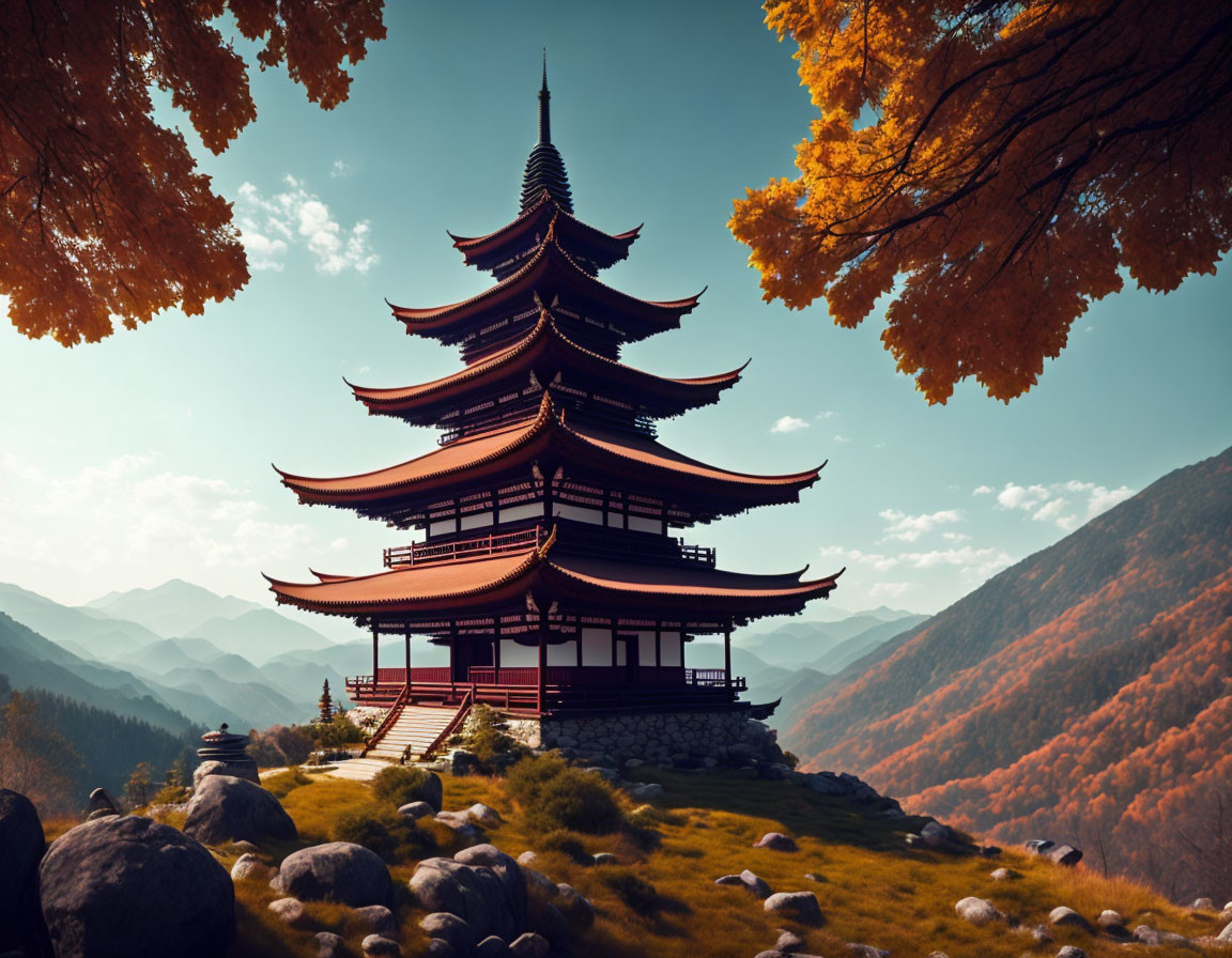 Autumn foliage surrounds multi-tiered pagoda against misty mountains