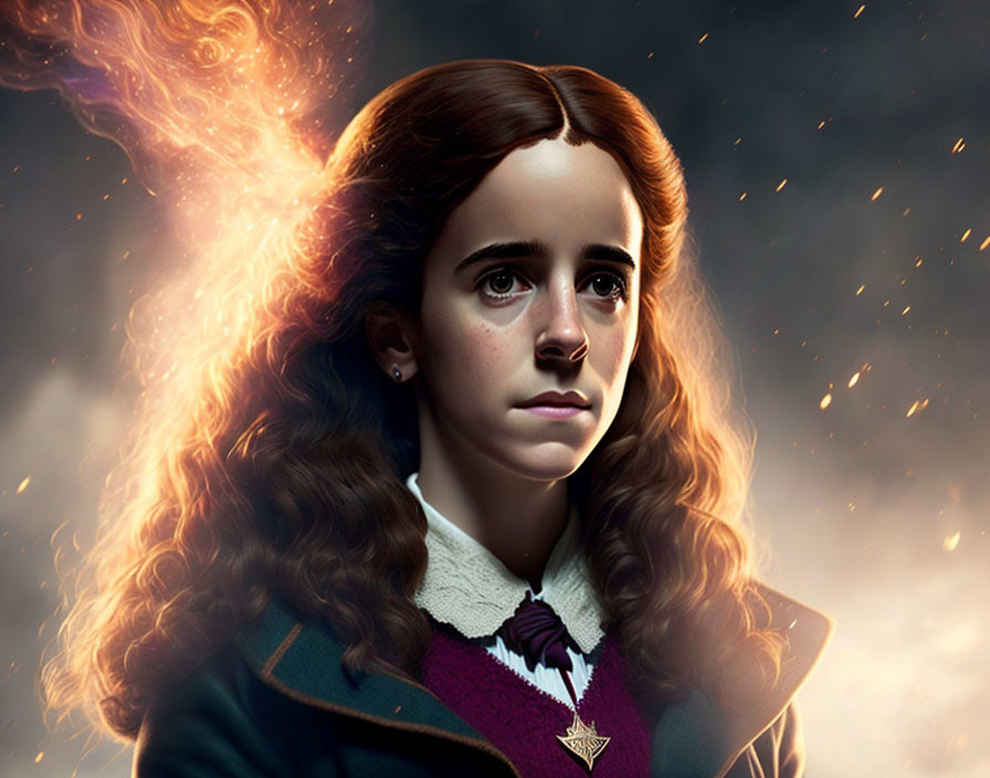 Digital artwork: Young girl with expressive brown eyes in school uniform against mystical backdrop