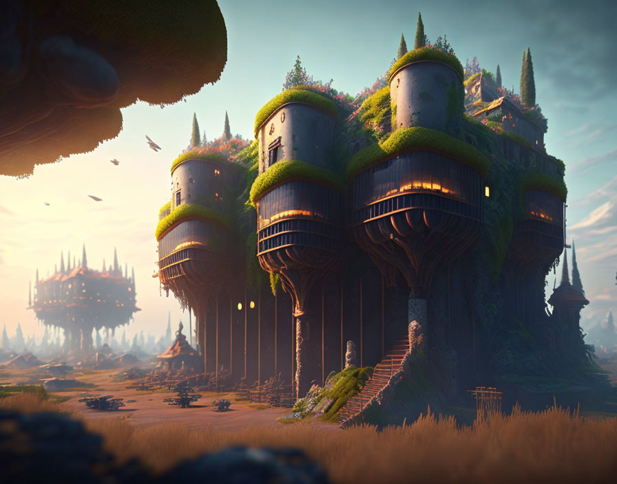 Mystical landscape featuring fantastical treehouses and castle-like towers