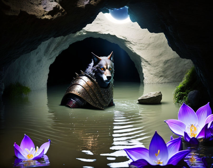 Wolf in Armor in Cave with Lotus Flowers Under Moonlight