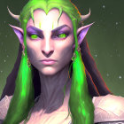 Fantasy female elf with green hair in starry background