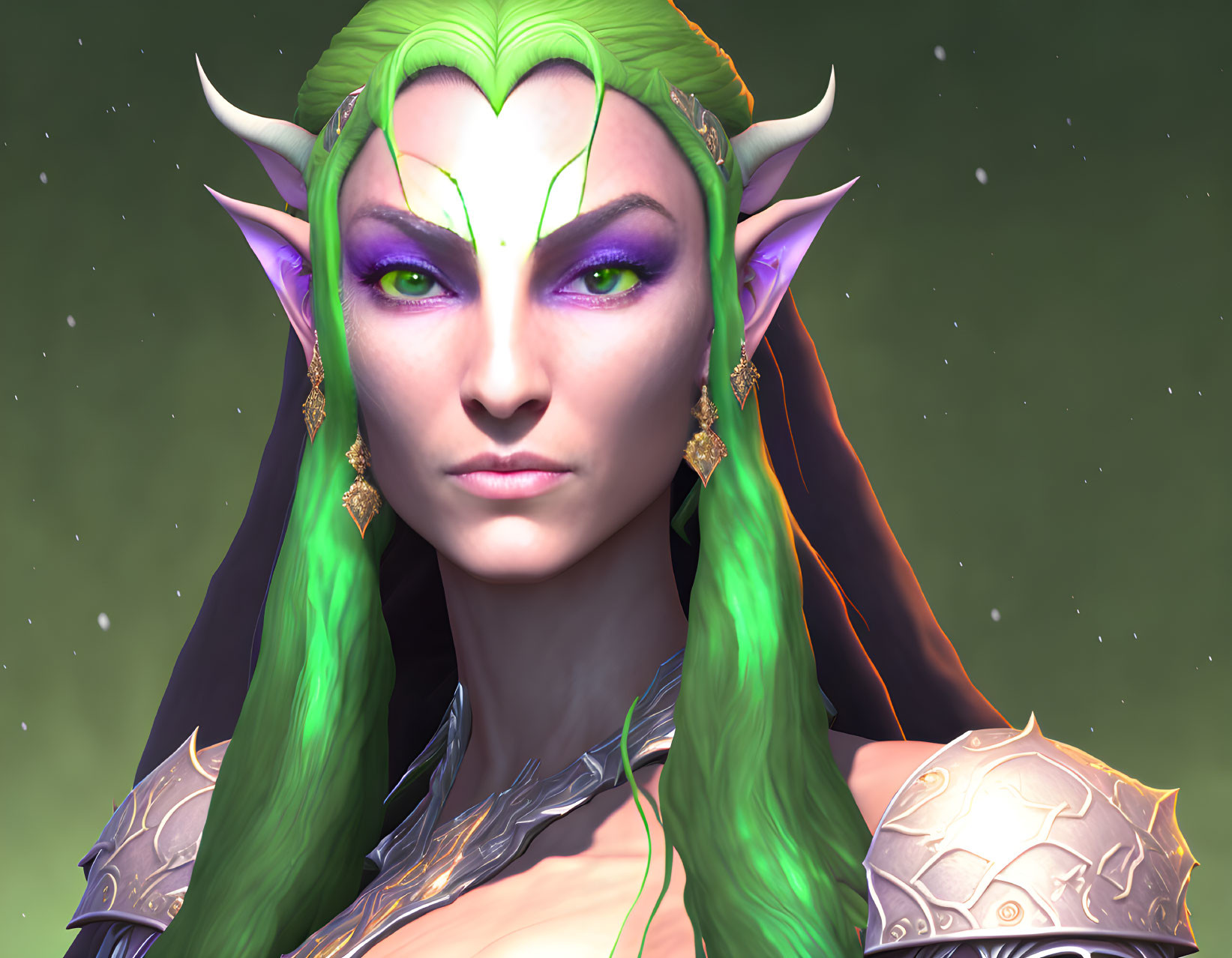 Fantasy female elf with green hair in starry background