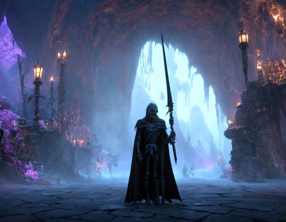 Cloaked figure with large sword in mystical cavernous room