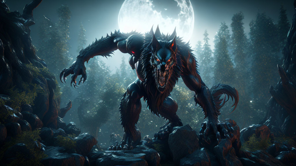 Menacing werewolf in moonlit forest with glowing eyes