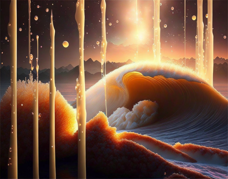 Surreal cosmic sea wave with dripping golden strands