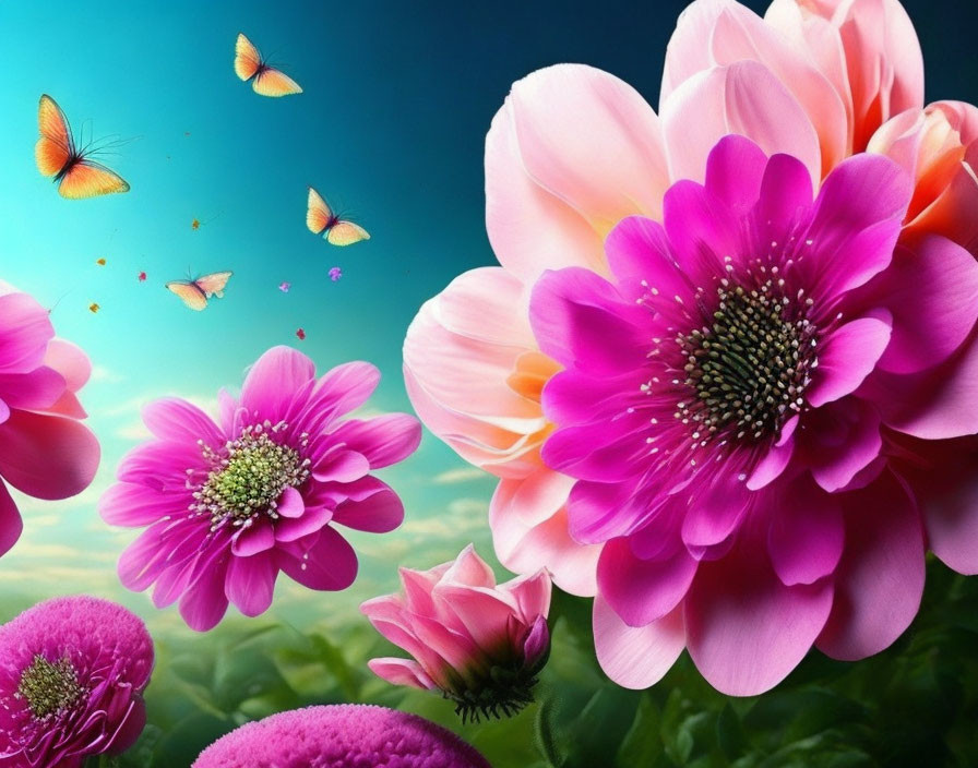 Bright pink flowers with stamens against blue sky and butterflies