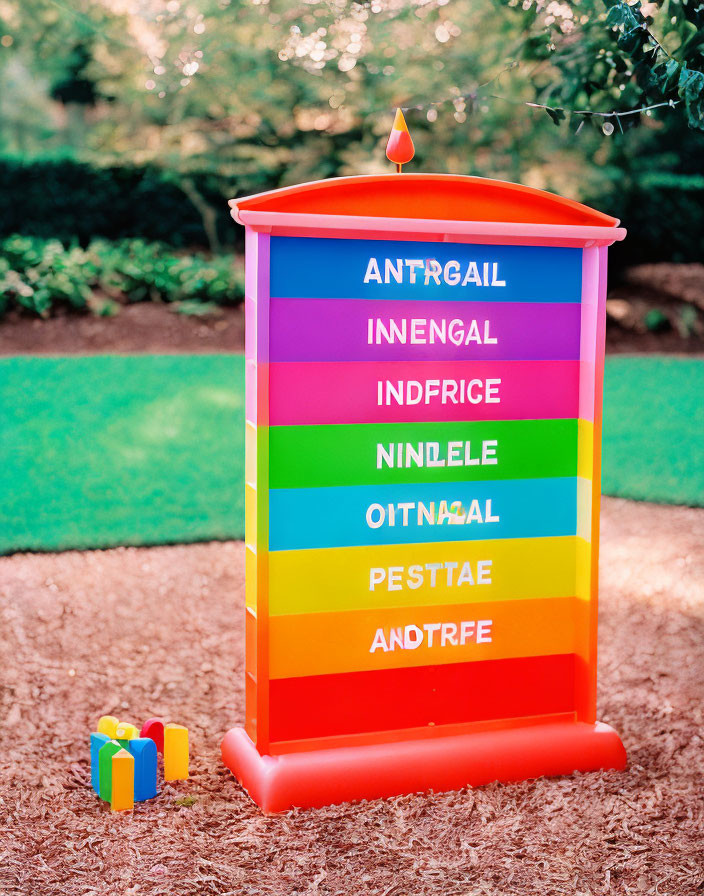 Vibrant rainbow book exchange box with toy block on wood-chip ground