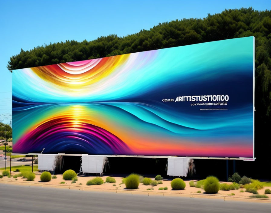 Colorful Abstract Billboard Along Road with Green Trees and Blue Sky