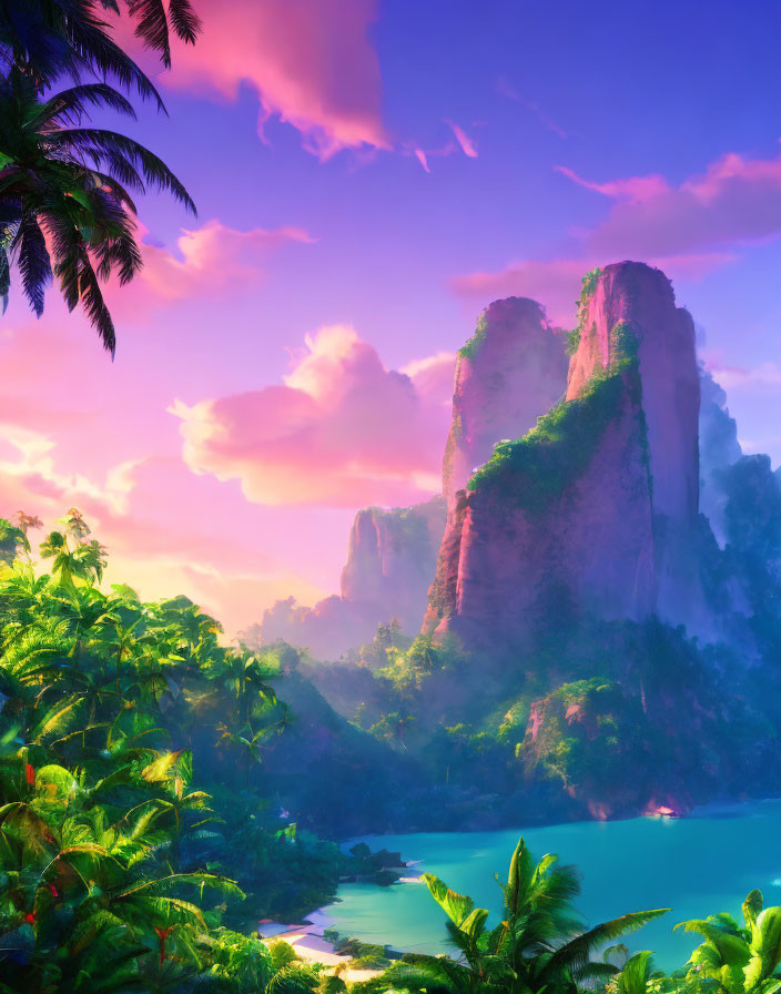 Tropical scene: lush greenery, towering cliffs, blue lagoon, pink and blue sky