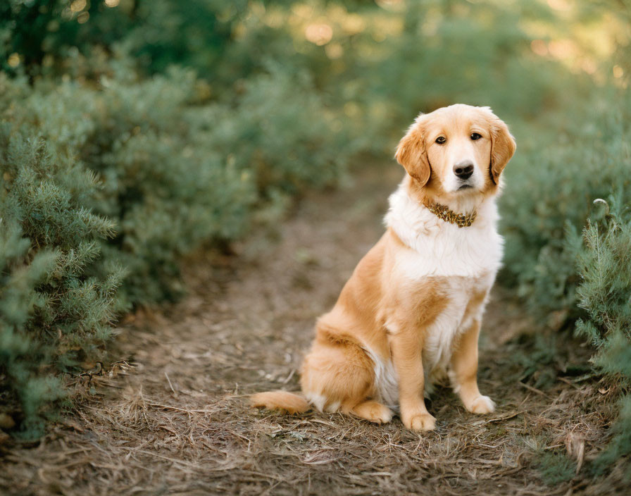 Calm Golden Retriever on Wooded Path Amid Greenery