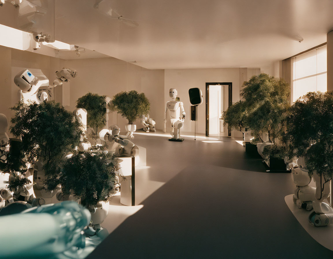 Modern Room Featuring Robots and AI Among Indoor Plants