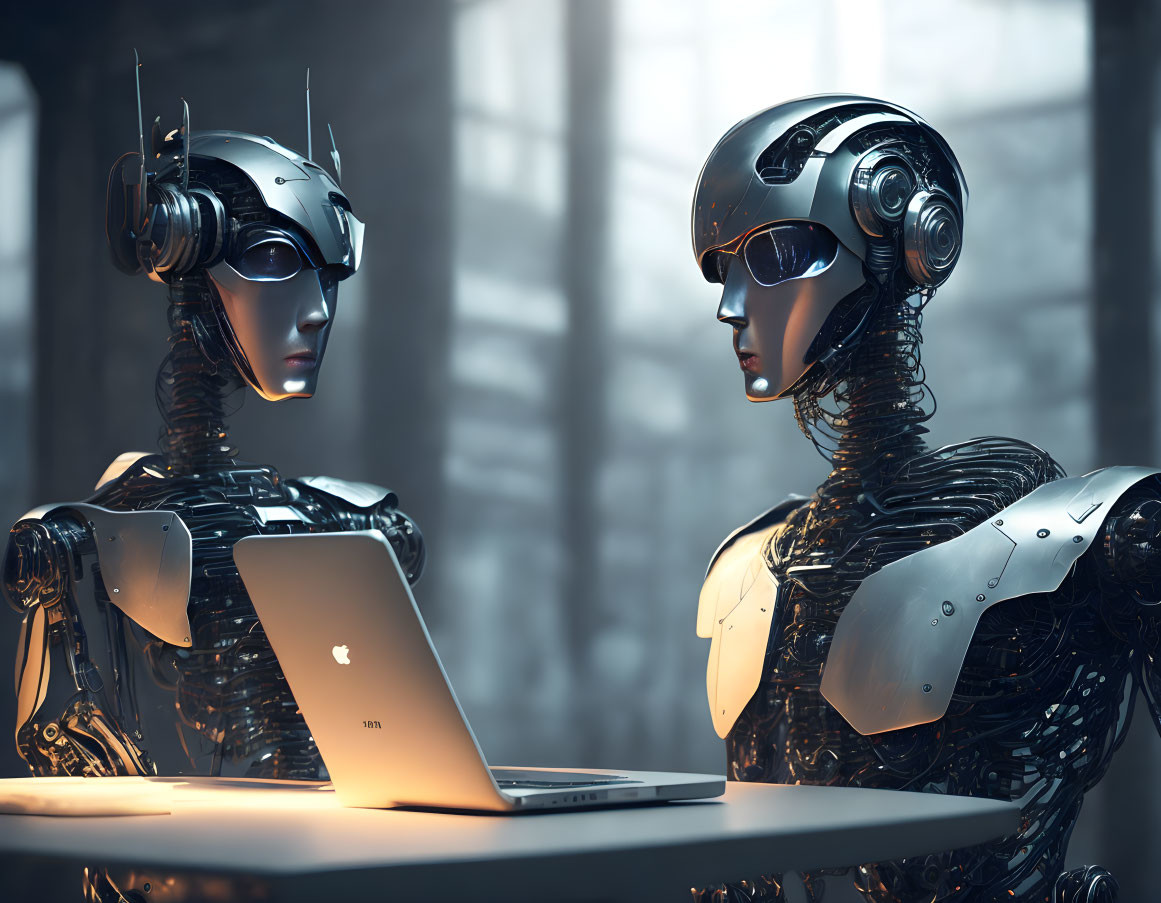 Futuristic robots with human-like features at laptop in dimly lit setting