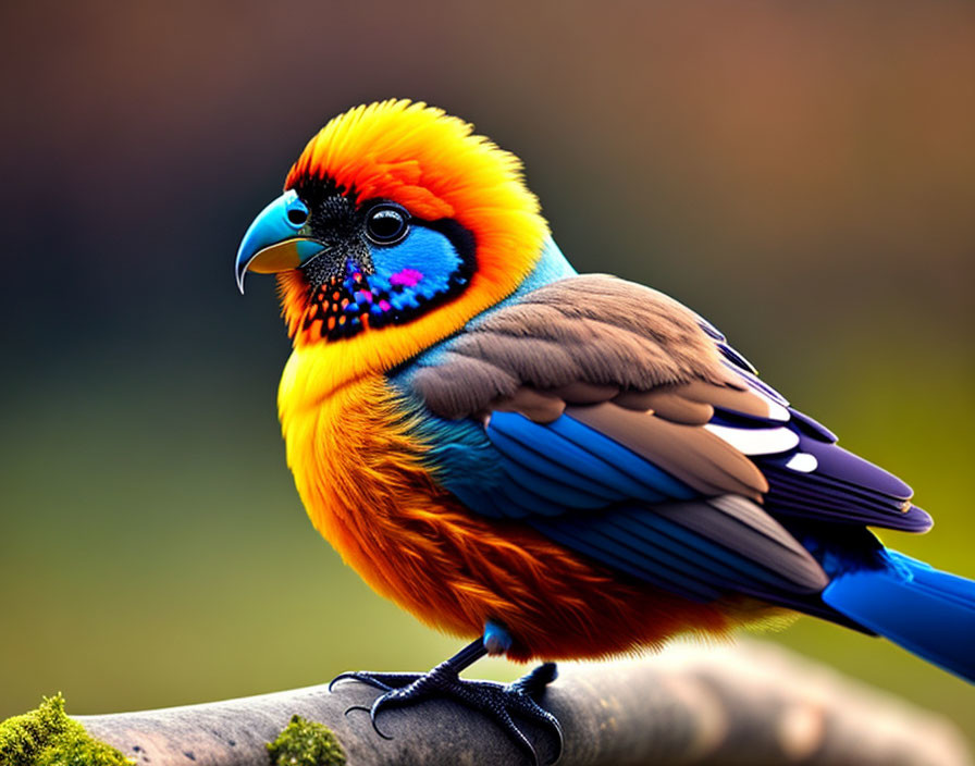 Colorful digitally altered bird with orange body and blue head perched on branch