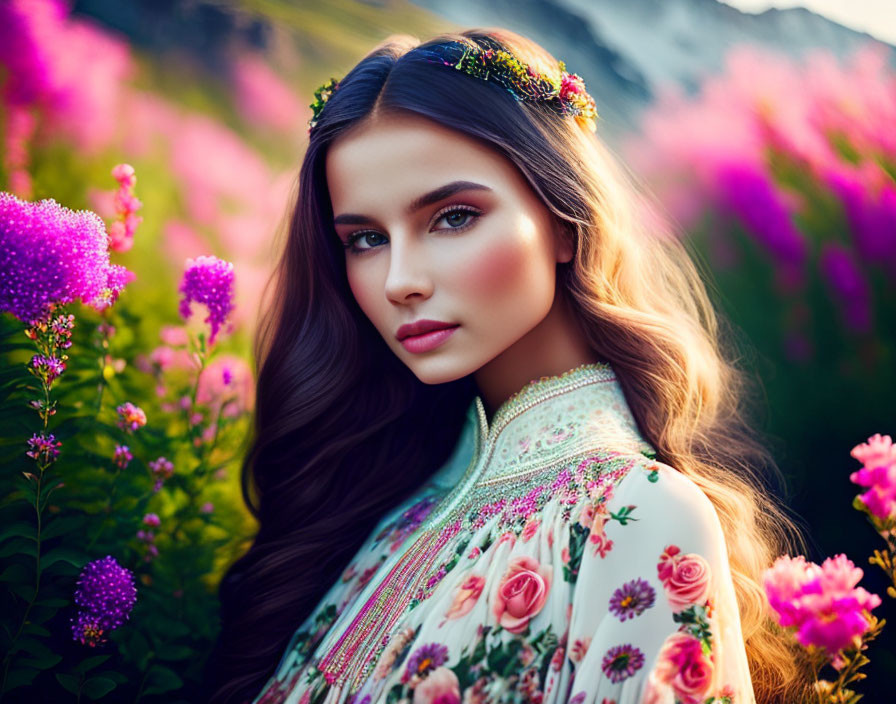 Floral Headband Woman Surrounded by Blooming Flowers