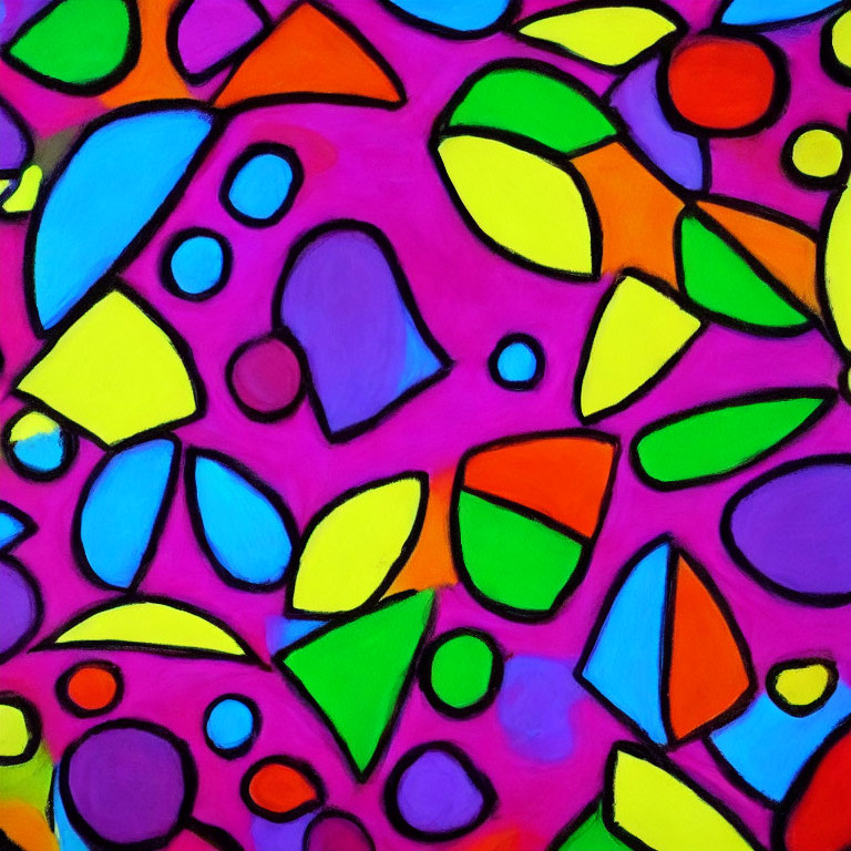 Vibrant Abstract Painting with Colorful Shapes on Pink Background