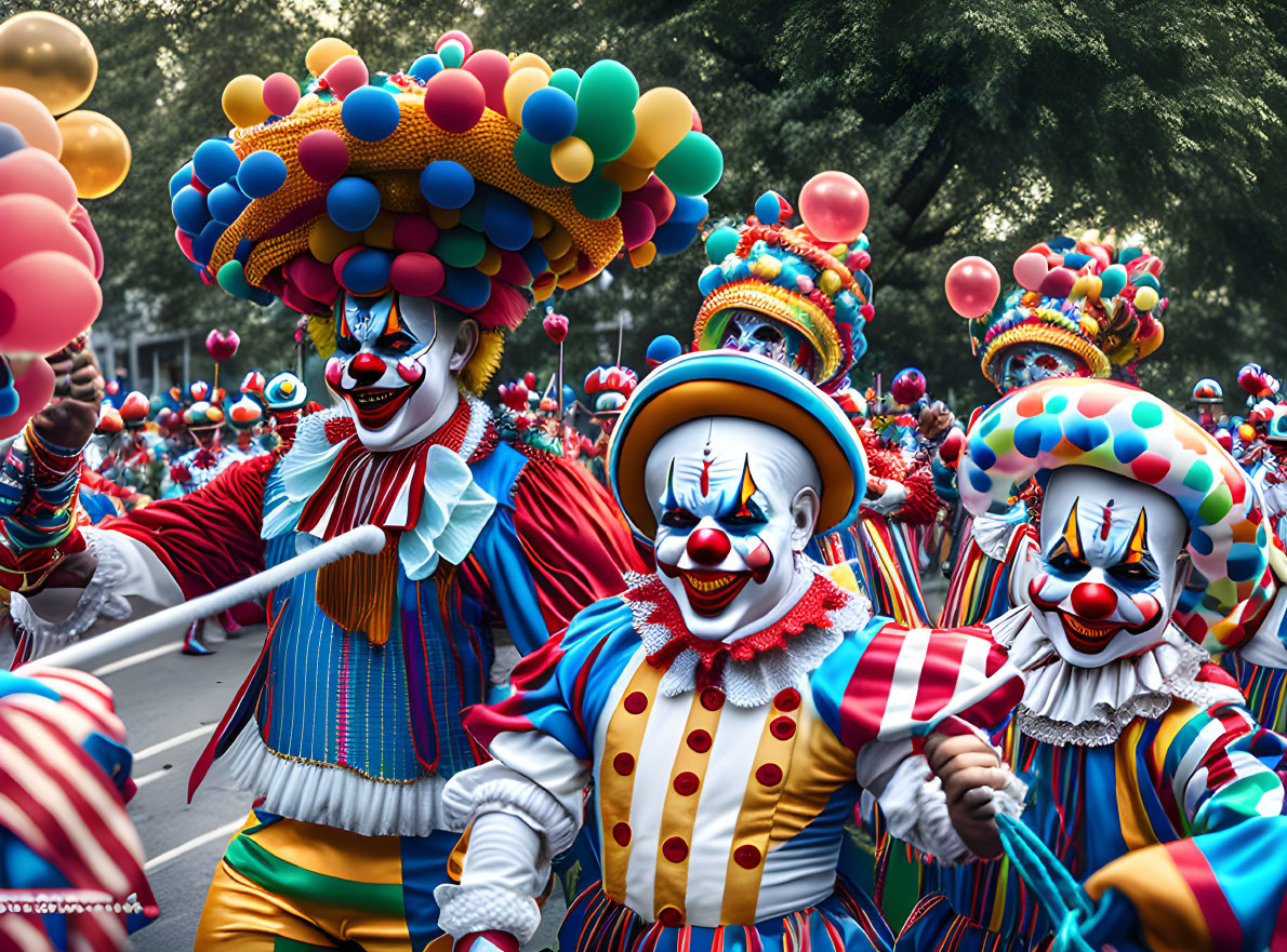 Colorful clown parade with balloon hats and playful expressions