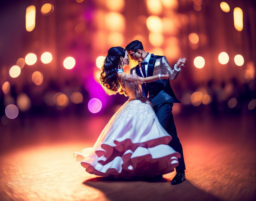 Formal Attire Couple Dancing in Warmly Lit Ballroom