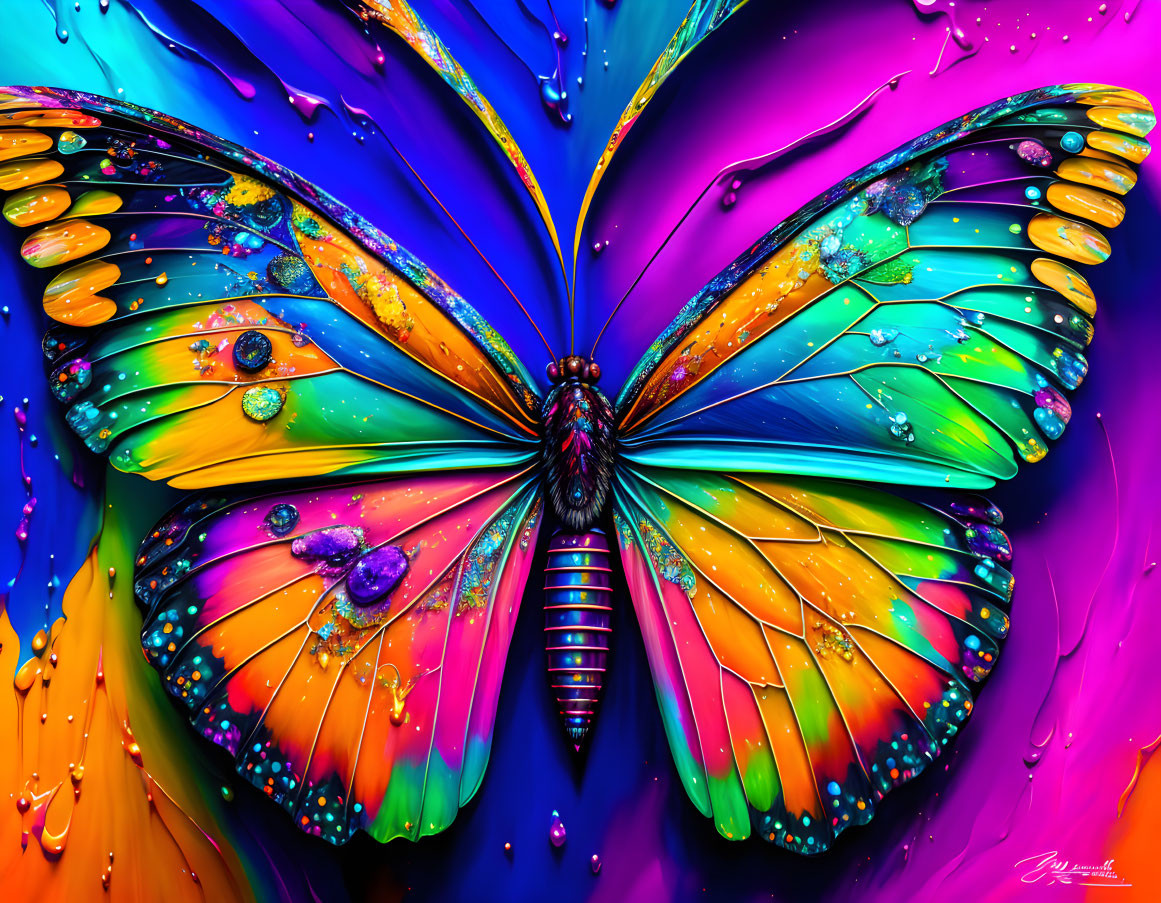 Colorful Butterfly Artwork with Rainbow Gradient Wings and Water Droplets